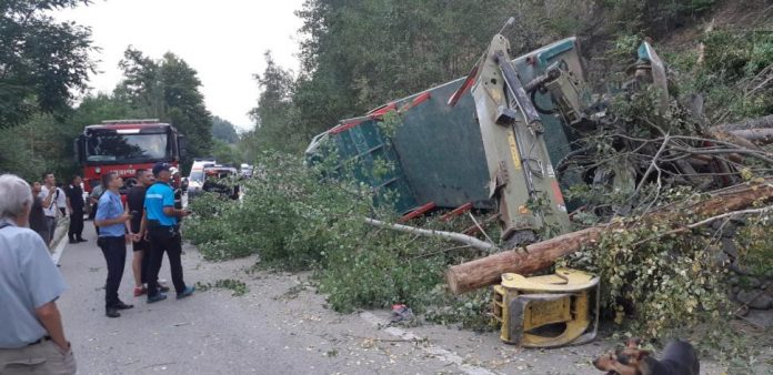 Șoferul unui camion plin cu lemne și-a băgat familia în spital, după ce s-a răsturnat pe Transalpina. Soția și cele două fiice minore se aflau cu el în cabină