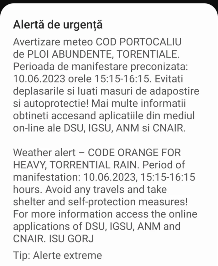 Alertă de urgență primită de cetățenii din Târgu Jiu